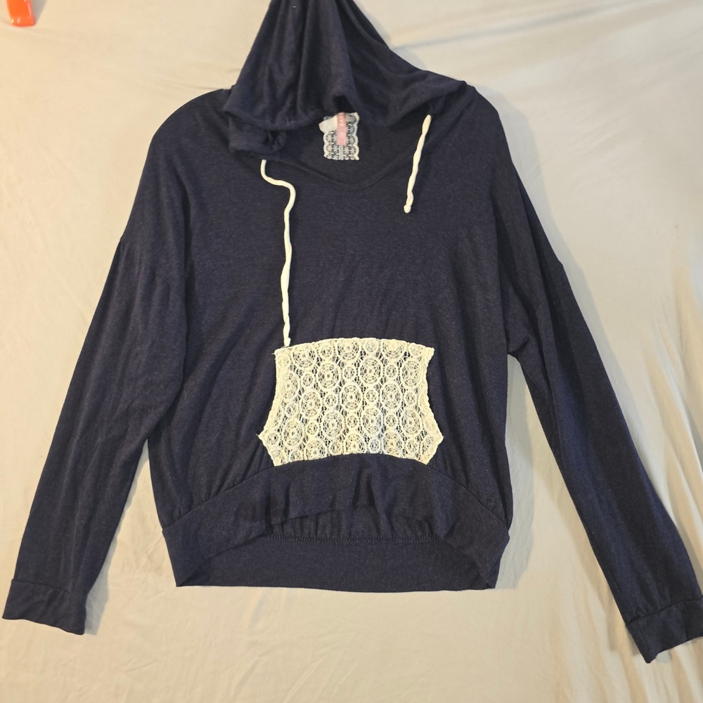 Mauve Hoodie XL Women Navy Blue Crochet Lace Pocket Long Sleeve Boho Knit Top